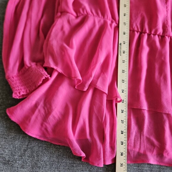 Torrid Top 3X Pink Babydoll Semi Sheer High Smocked NeckCuffs Long Sleeve Ruffle - Picture 9 of 16